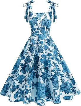 50s Dresses for Women 1950s Vintage Floral Cocktail Swing Dress Retro Tie Straps Backless Rockabilly Prom Tea Party Dresses