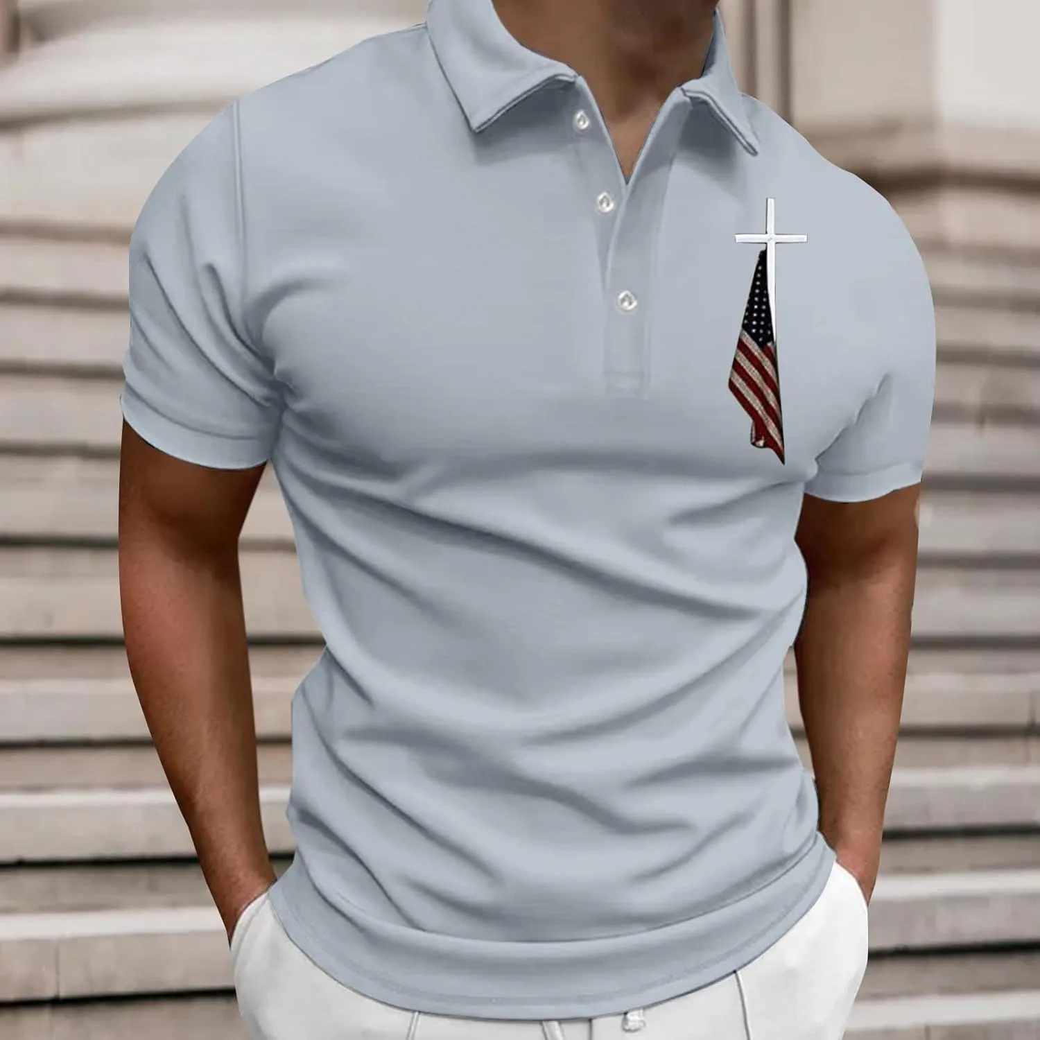 American Flag Polo Shirt for Men Christian Faith Cross Jesus T Shirts 4th of July Patriotic Tee Tops Graphic T-Shirt