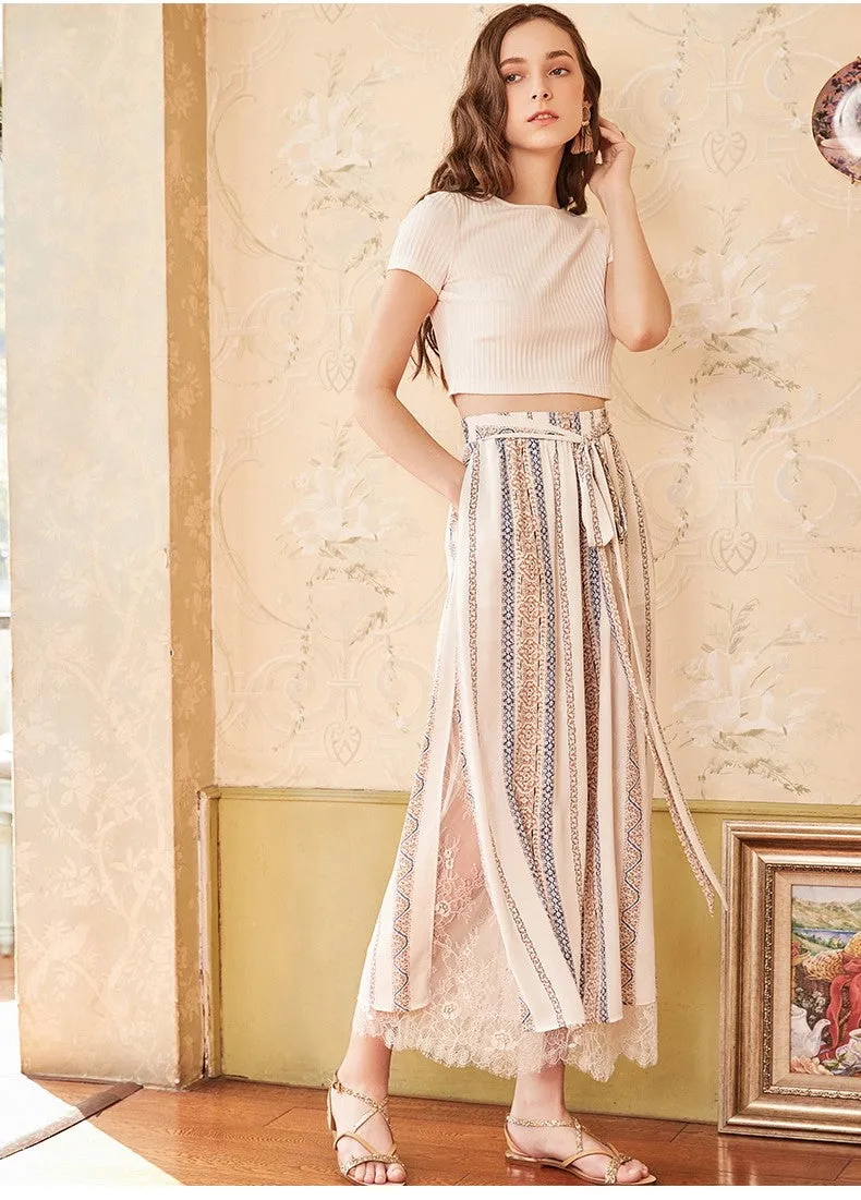 ARTKA ETHNIC SCARF PRINT WIDE LEG PANTS WITH SIDE SPLIT DETAIL