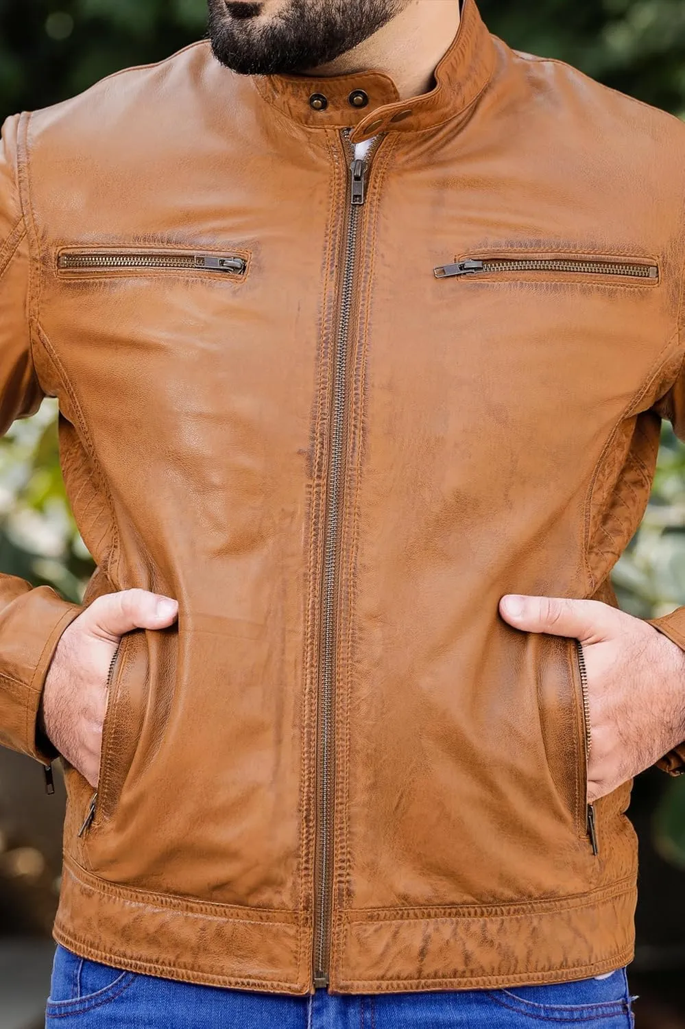 Brown Leather Jacket Men| Waxed Vintage Biker Jacket | Genuine Lambskin Motorcycle Clothing