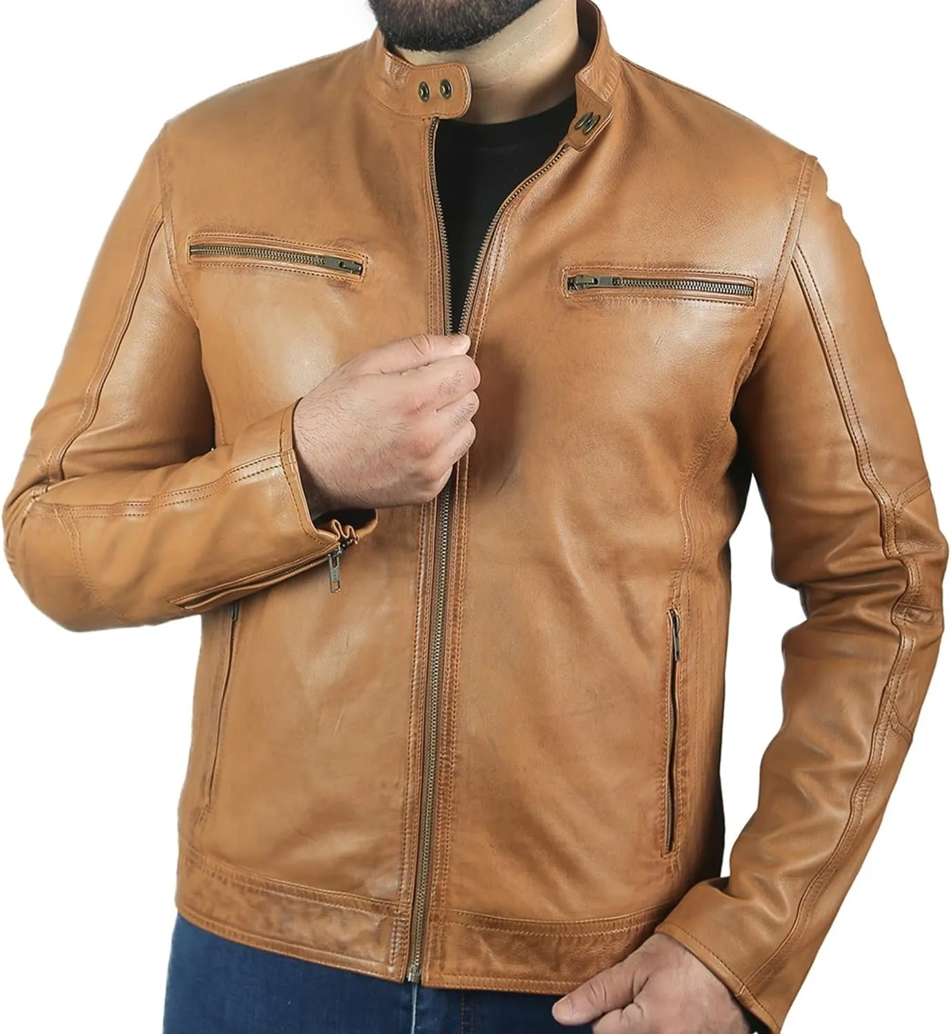 Brown Leather Jacket Men| Waxed Vintage Biker Jacket | Genuine Lambskin Motorcycle Clothing