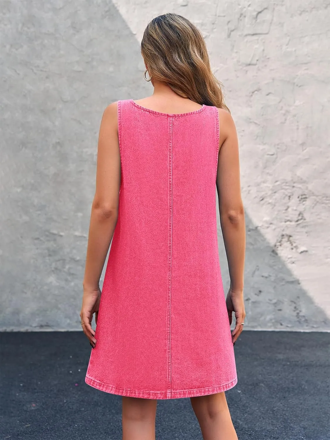 BZB Women's Sleeveless Casual Denim Dress Crewneck Vintage Loose Jean Overall Dress with Pockets
