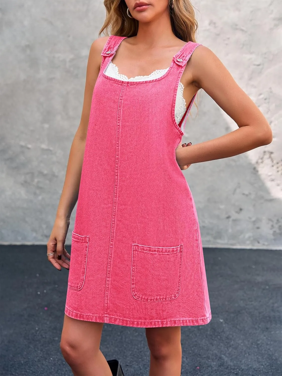 BZB Women's Sleeveless Casual Denim Dress Crewneck Vintage Loose Jean Overall Dress with Pockets