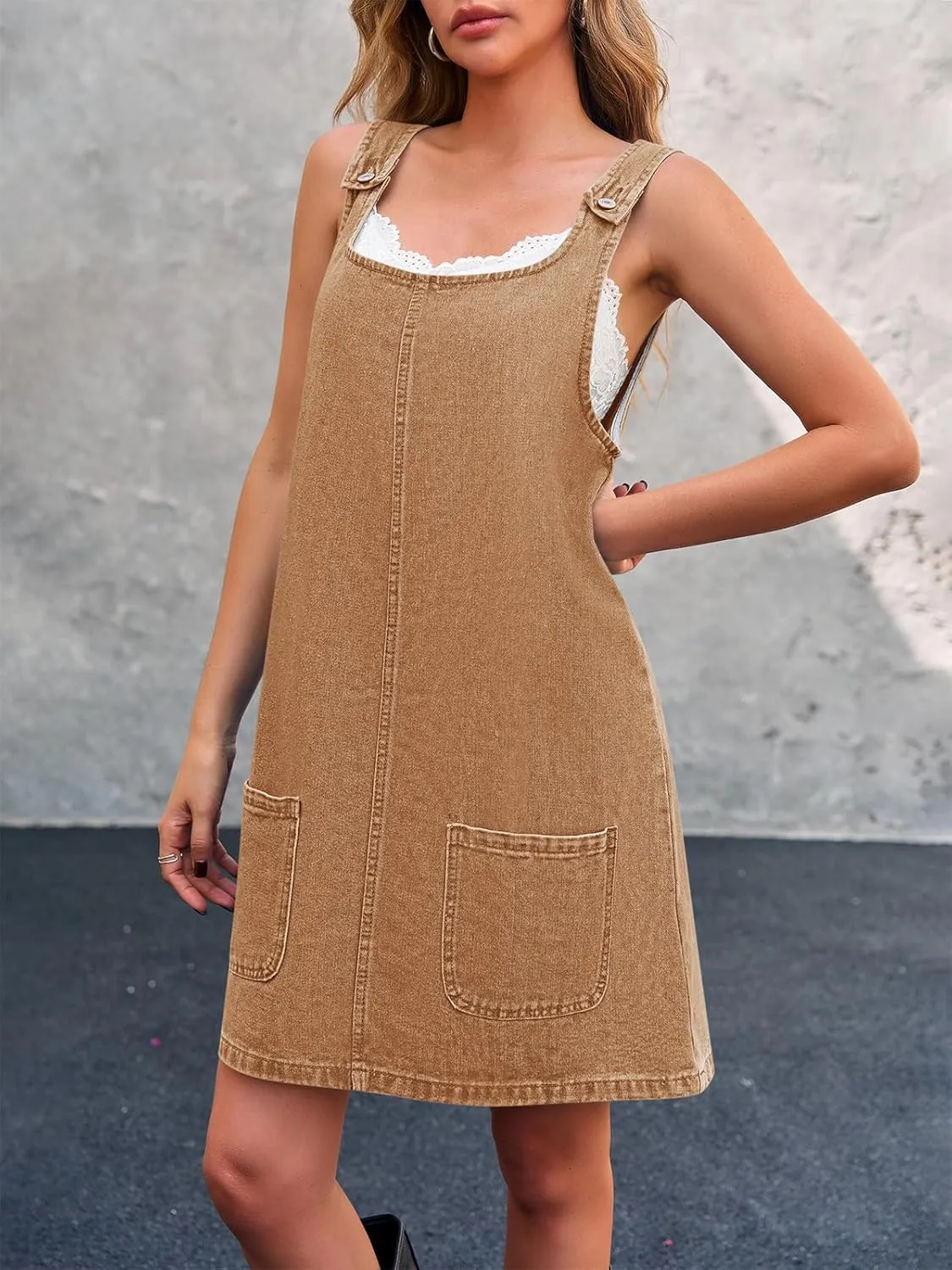 BZB Women's Sleeveless Casual Denim Dress Crewneck Vintage Loose Jean Overall Dress with Pockets