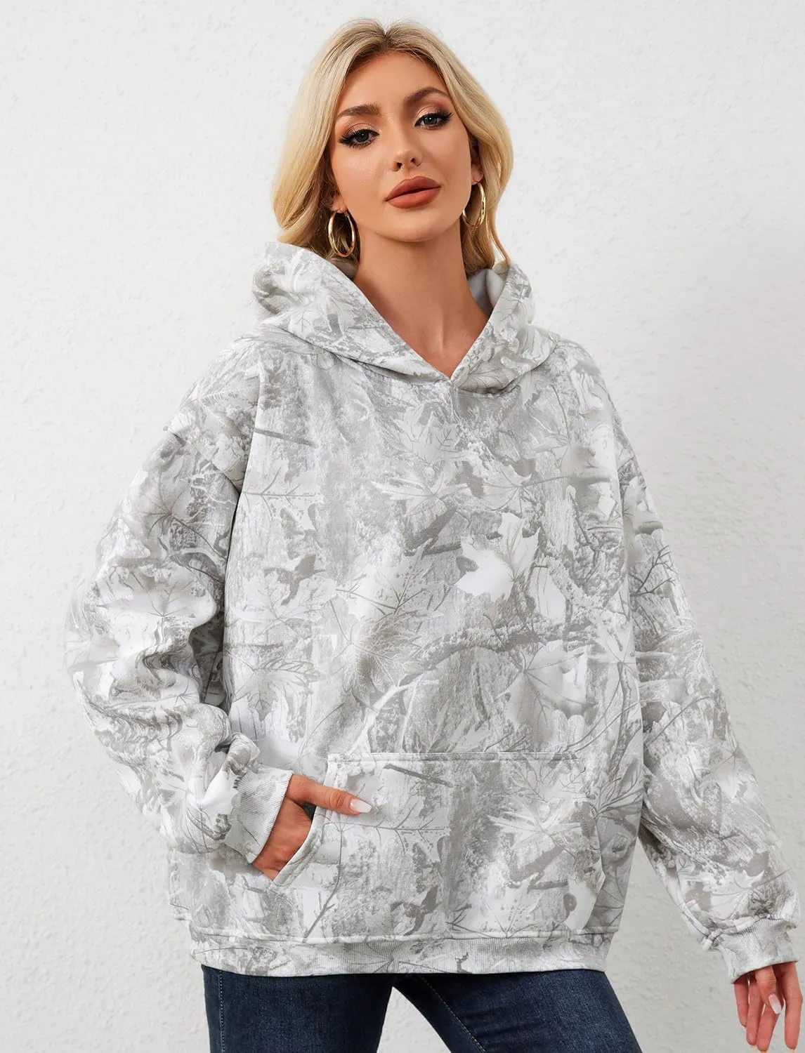 Camo Hoodie For Women Oversized Long Sleeve Drop Shoulder Fleece Hooded Sweatshirt Pullover With Pocket Outfits