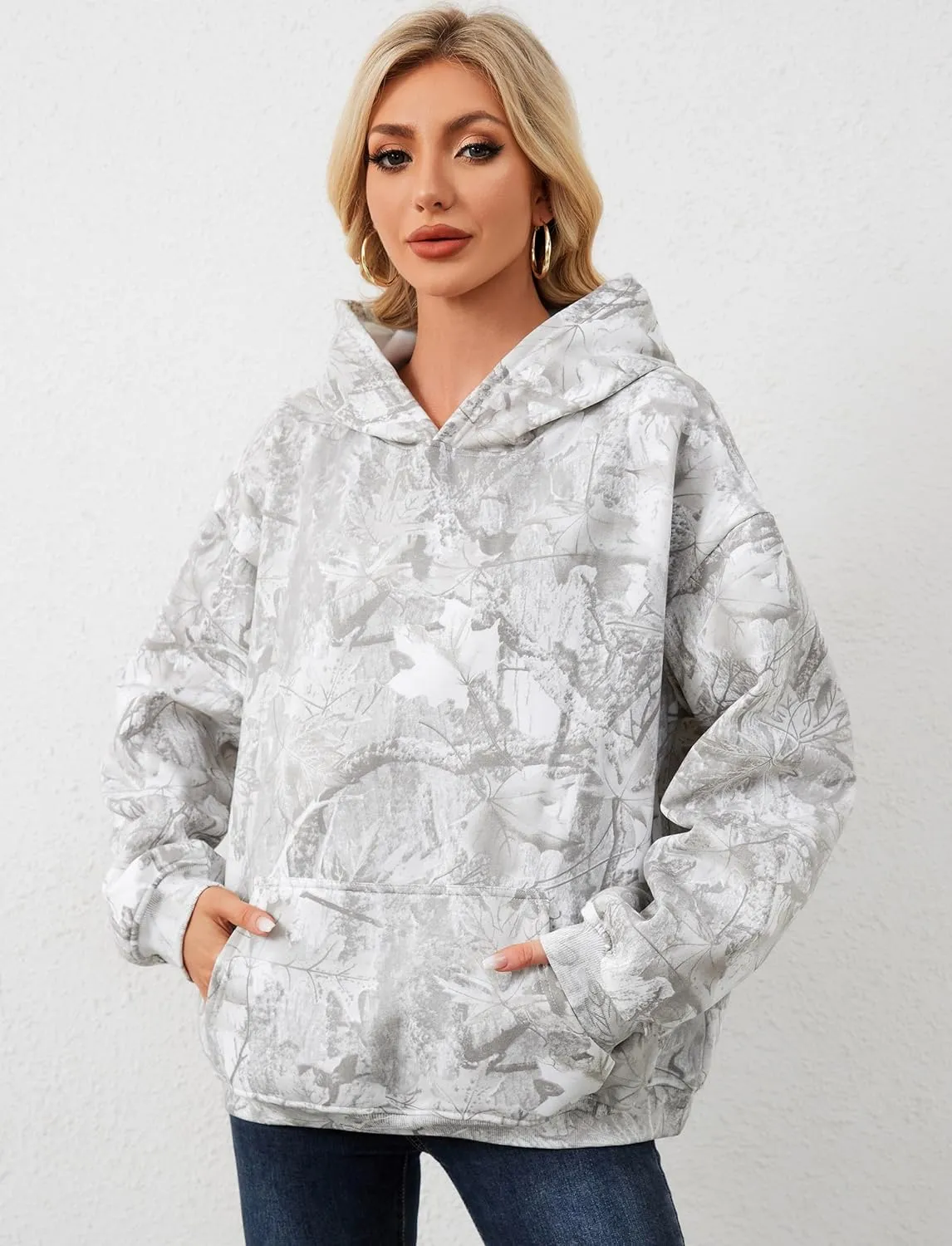 Camo Hoodie For Women Oversized Long Sleeve Drop Shoulder Fleece Hooded Sweatshirt Pullover With Pocket Outfits