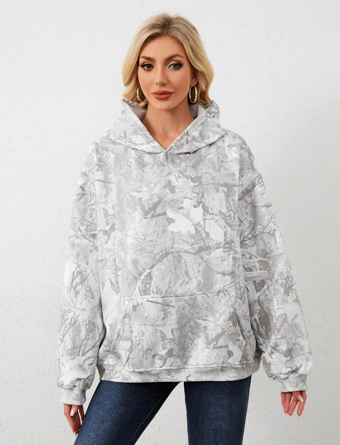 Camo Hoodie For Women Oversized Long Sleeve Drop Shoulder Fleece Hooded Sweatshirt Pullover With Pocket Outfits