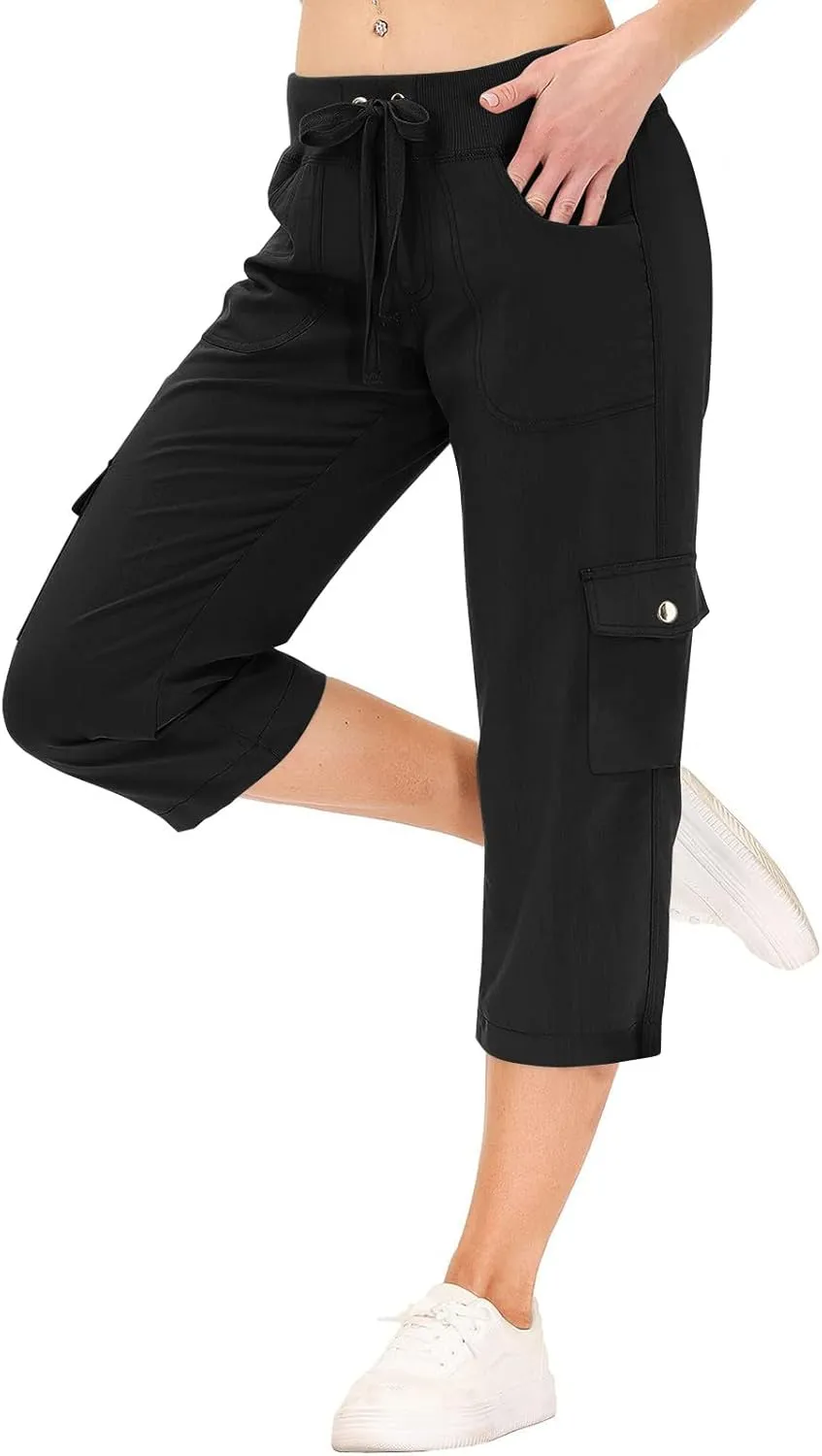 Capris for Seniors Lightweight Drawstring Waist Capri Cargo Pants Outdoor Hiking Wide Leg Cropped Pants with Pockets