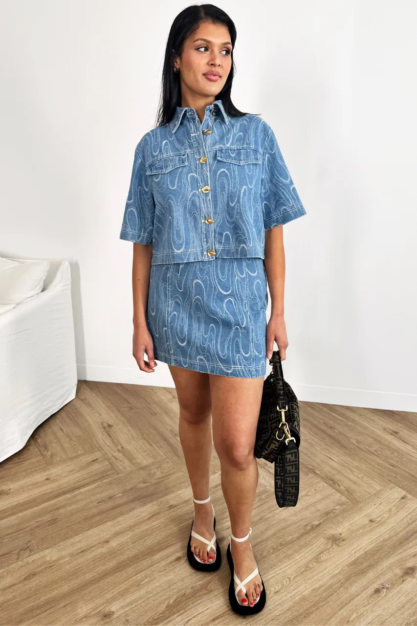 Cinder Skirt - High Waist A-Line Denim Mini - Denim