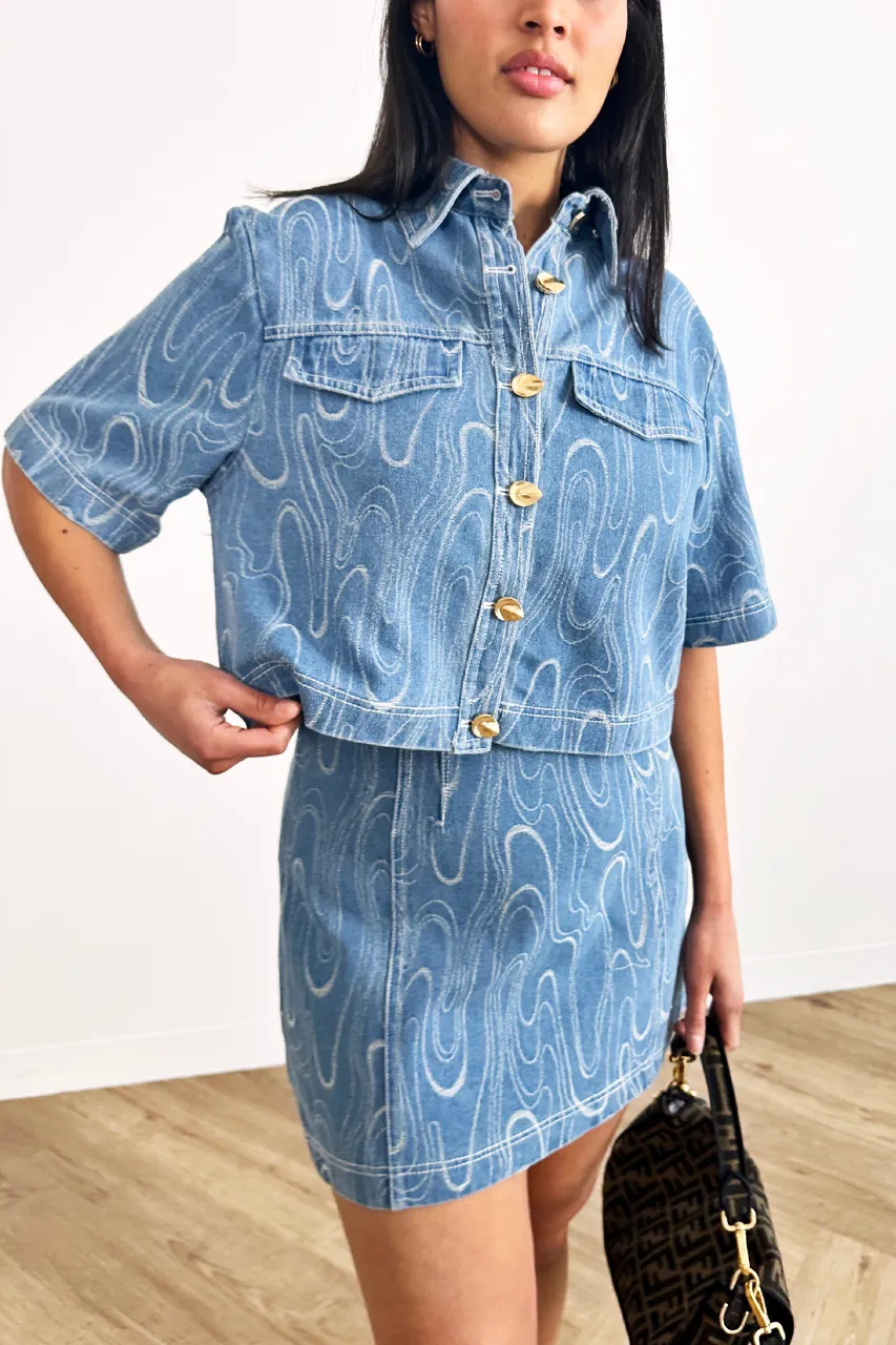 Cinder Skirt - High Waist A-Line Denim Mini - Denim