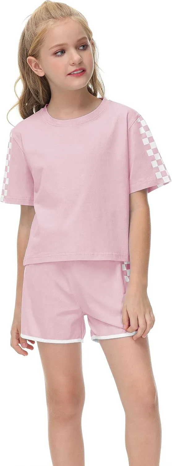 CNJFJ Kids Summer Sport T-Shirt and Shorts Set Plaid Print Clothing Sets Tracksuit