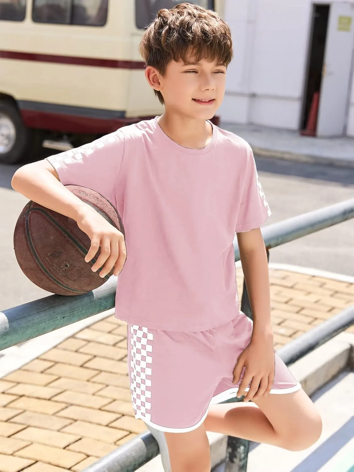 CNJFJ Kids Summer Sport T-Shirt and Shorts Set Plaid Print Clothing Sets Tracksuit
