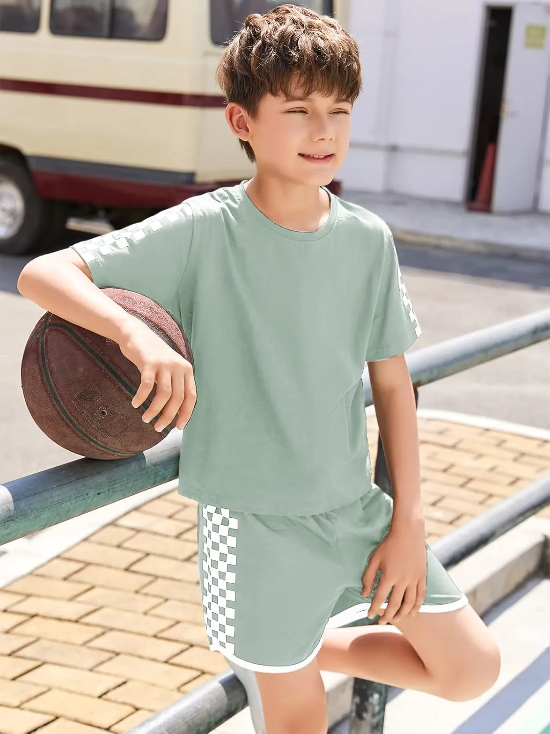 CNJFJ Kids Summer Sport T-Shirt and Shorts Set Plaid Print Clothing Sets Tracksuit