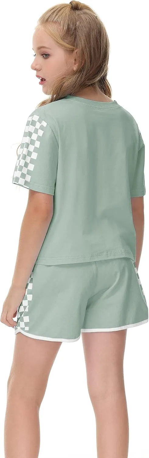 CNJFJ Kids Summer Sport T-Shirt and Shorts Set Plaid Print Clothing Sets Tracksuit