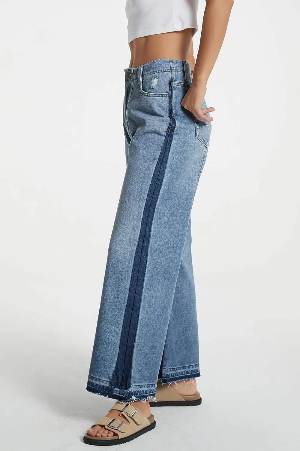 D-Sun Women's Wide Leg Flared Jeans Mid Rise Loose Trendy Jeans Baggy Casual Denim Pants with Pockets