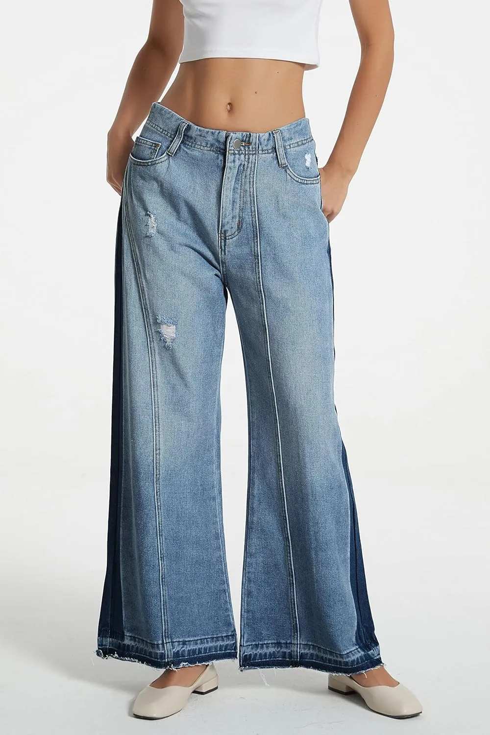 D-Sun Women's Wide Leg Flared Jeans Mid Rise Loose Trendy Jeans Baggy Casual Denim Pants with Pockets