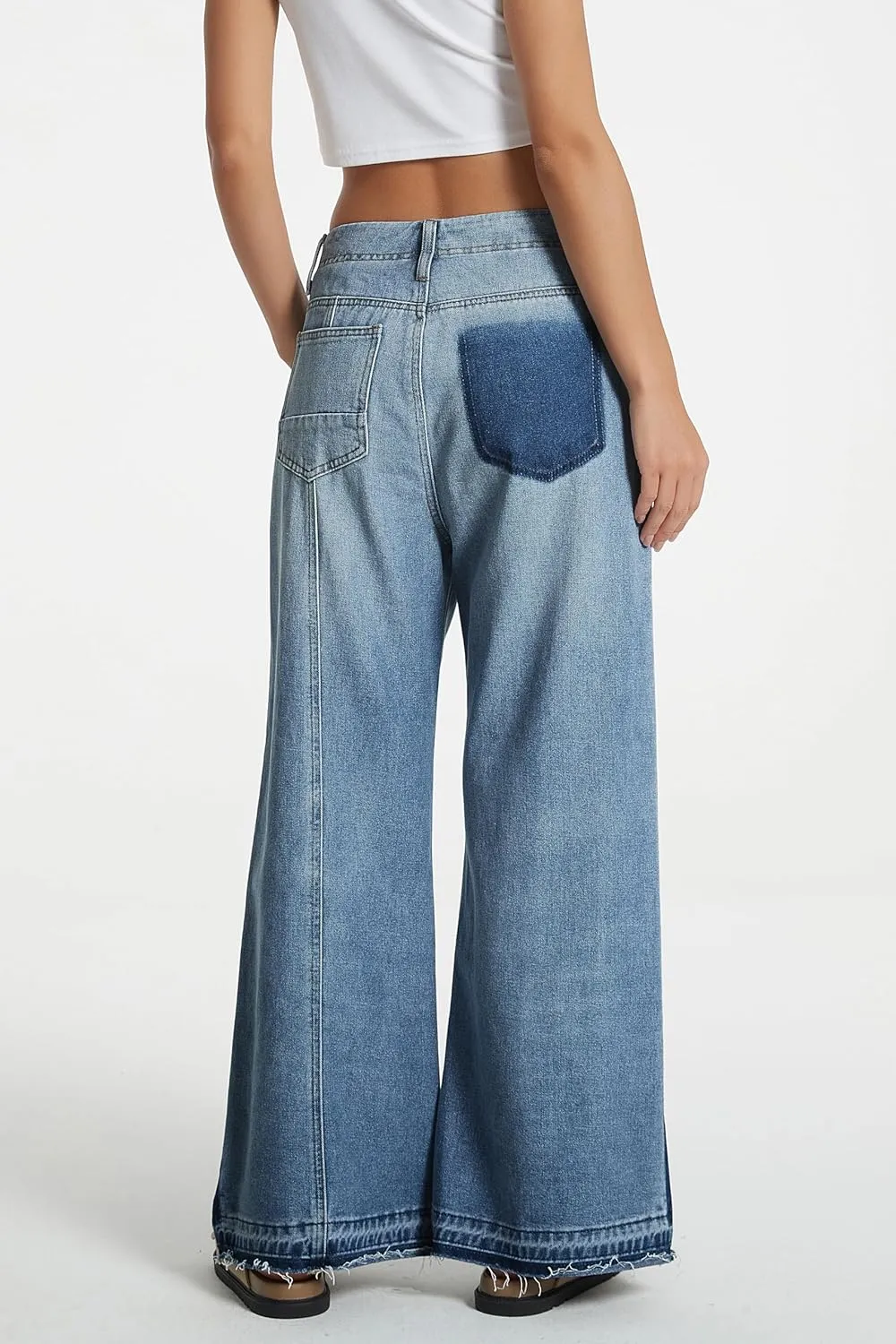 D-Sun Women's Wide Leg Flared Jeans Mid Rise Loose Trendy Jeans Baggy Casual Denim Pants with Pockets