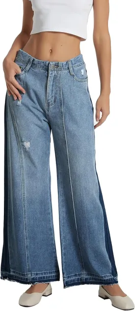 D-Sun Women's Wide Leg Flared Jeans Mid Rise Loose Trendy Jeans Baggy Casual Denim Pants with Pockets
