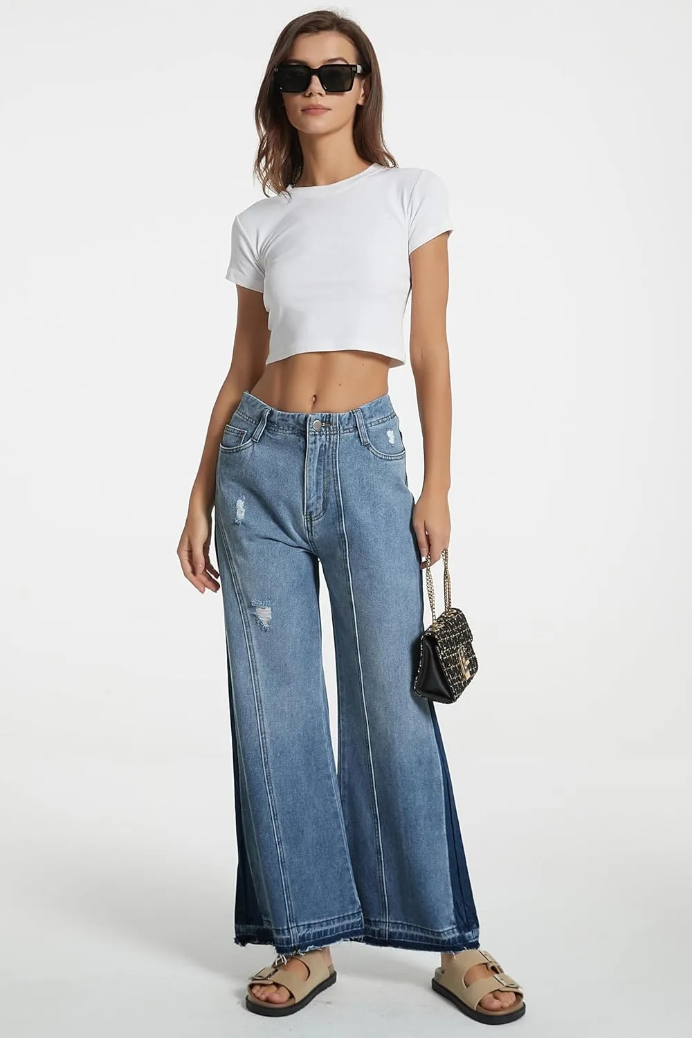 D-Sun Women's Wide Leg Flared Jeans Mid Rise Loose Trendy Jeans Baggy Casual Denim Pants with Pockets