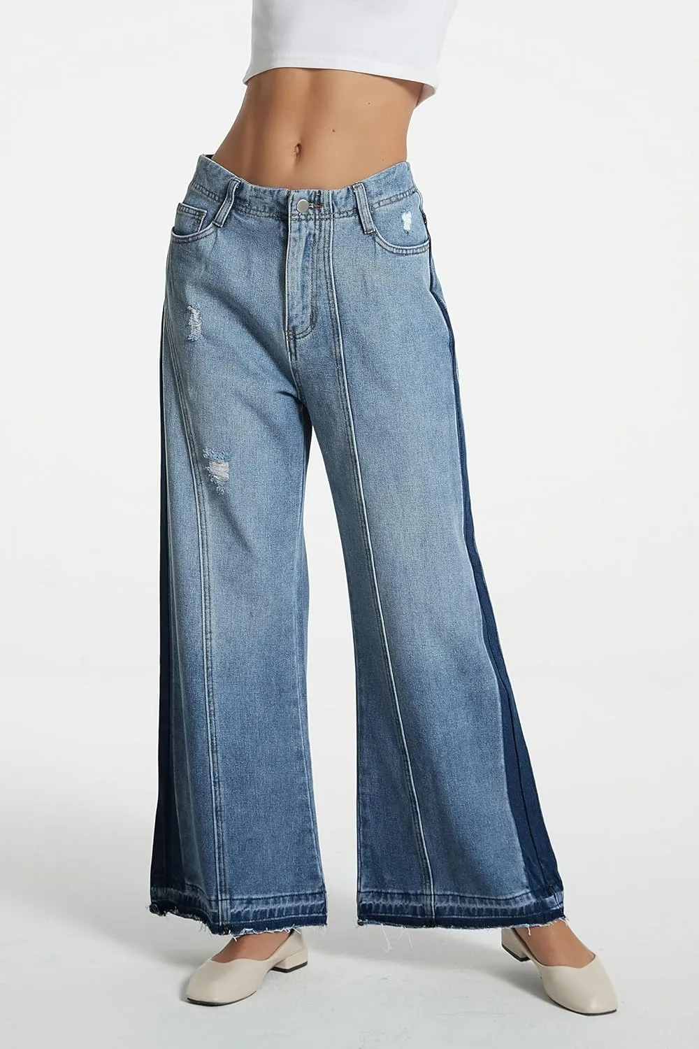 D-Sun Women's Wide Leg Flared Jeans Mid Rise Loose Trendy Jeans Baggy Casual Denim Pants with Pockets