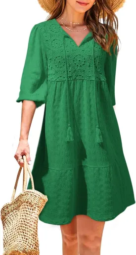 Dokotoo Womens Dresses Summer V Neck Drawstring Embroidered Half Sleeve Mini Dress Boho Dresses for Women 2025 Sundresses