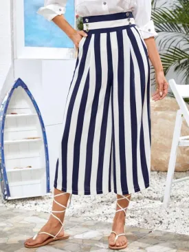 Double Button Slant Pocket Striped Wide Leg Pants