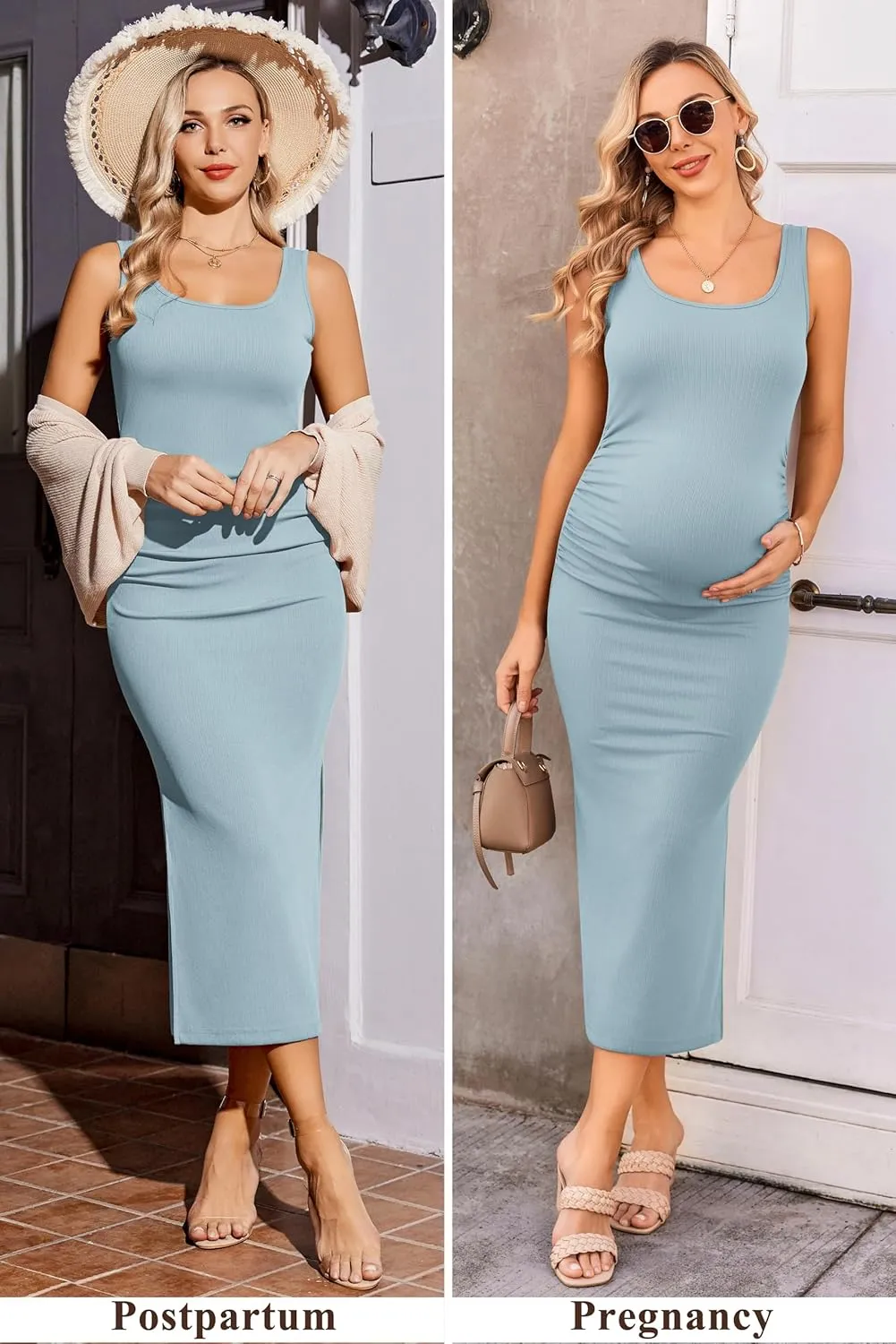 Ekouaer Women Sleeveless Tank Maternity Dress Ribbed Knit Pregnancy Midi Dresses Ruch Side Stretchy Pregnancy Clothes S-XXL