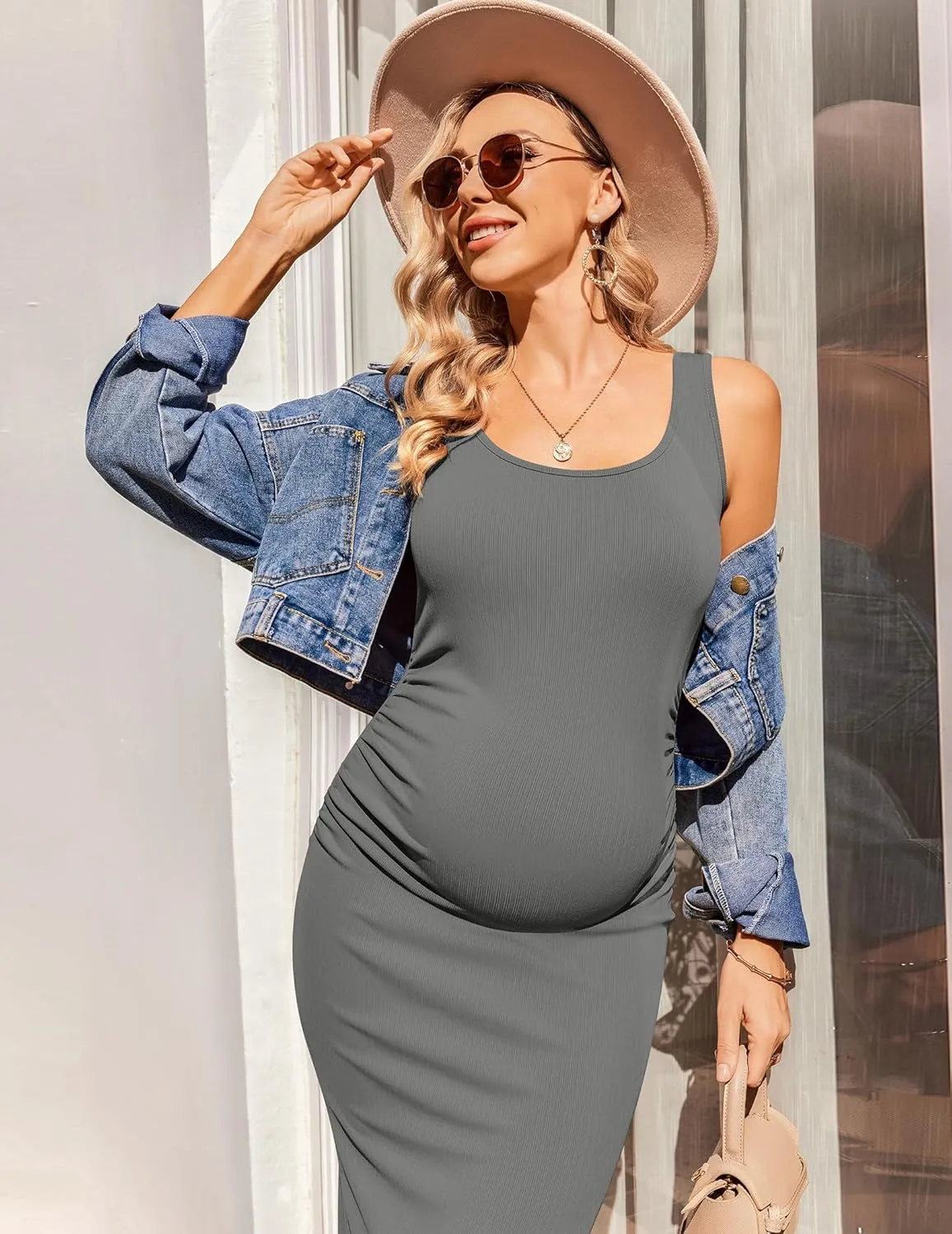 Ekouaer Women Sleeveless Tank Maternity Dress Ribbed Knit Pregnancy Midi Dresses Ruch Side Stretchy Pregnancy Clothes S-XXL