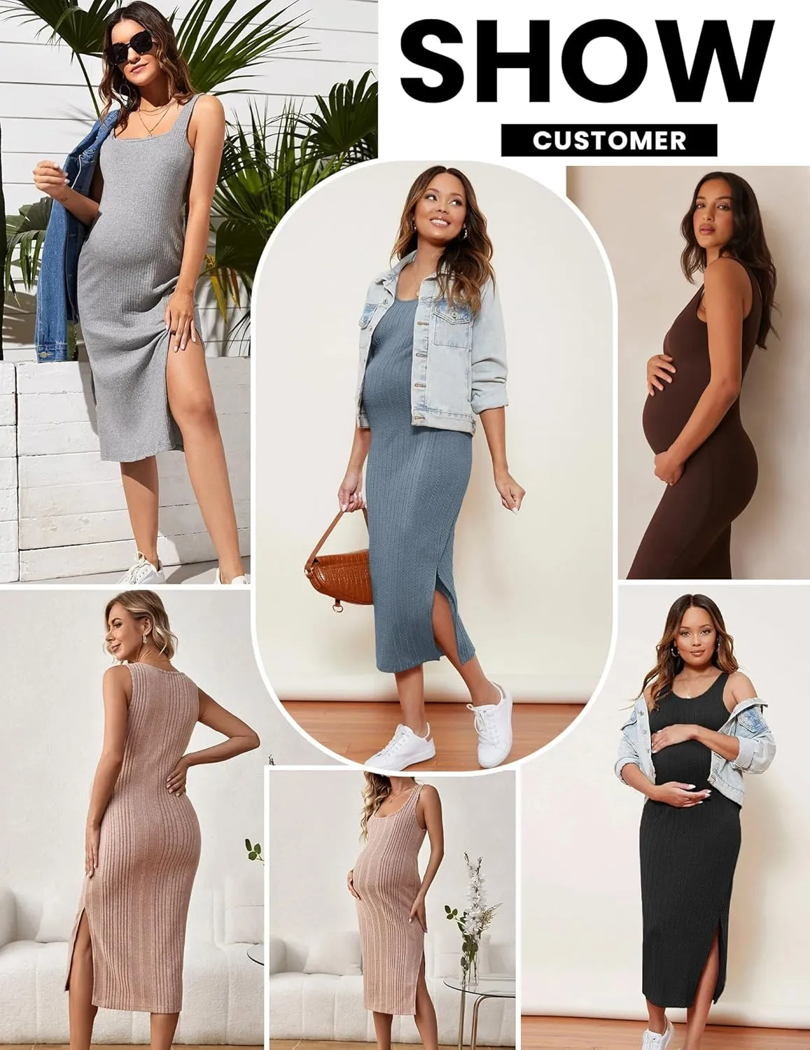 Ekouaer Women Sleeveless Tank Maternity Dress Ribbed Knit Pregnancy Midi Dresses Ruch Side Stretchy Pregnancy Clothes S-XXL