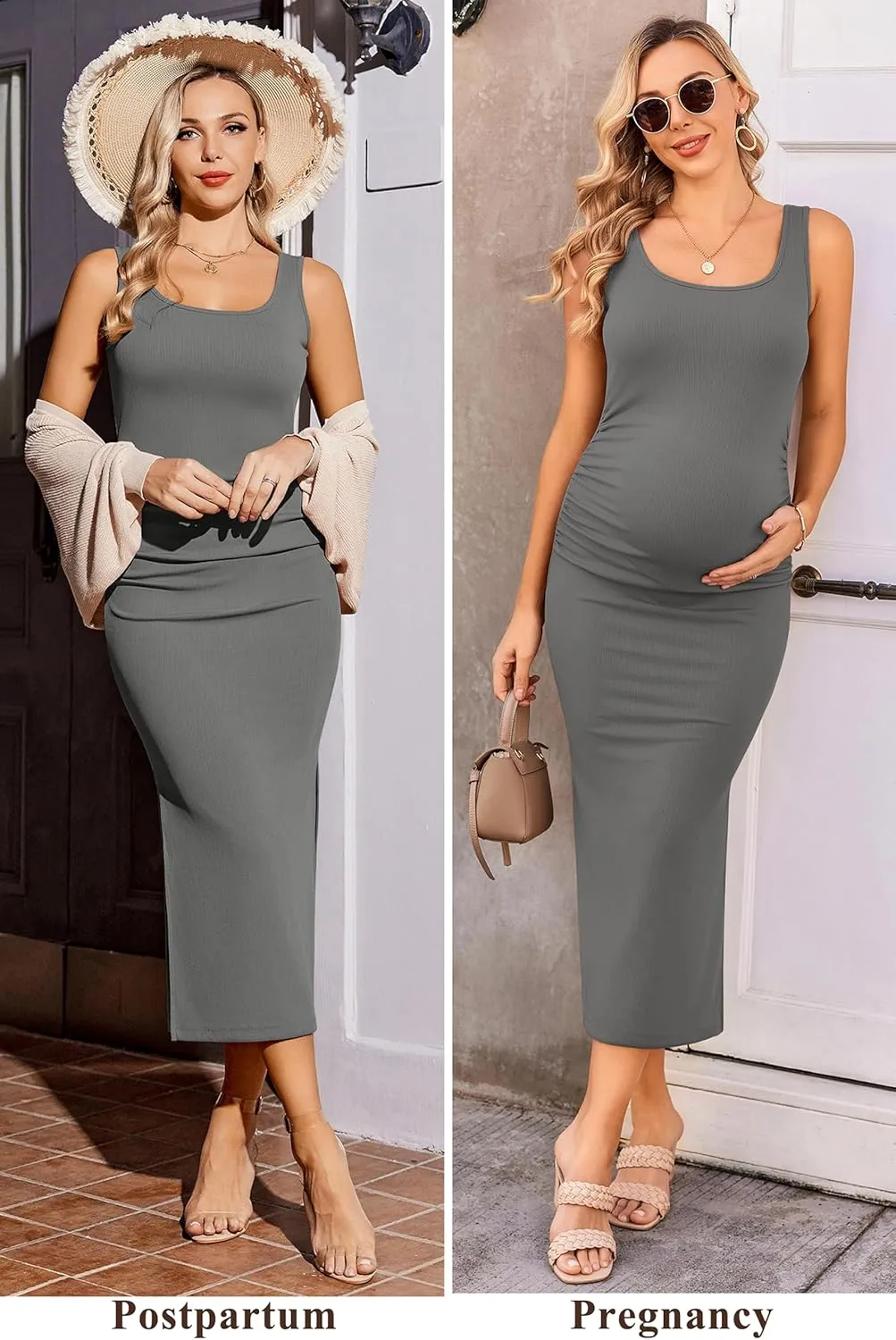 Ekouaer Women Sleeveless Tank Maternity Dress Ribbed Knit Pregnancy Midi Dresses Ruch Side Stretchy Pregnancy Clothes S-XXL