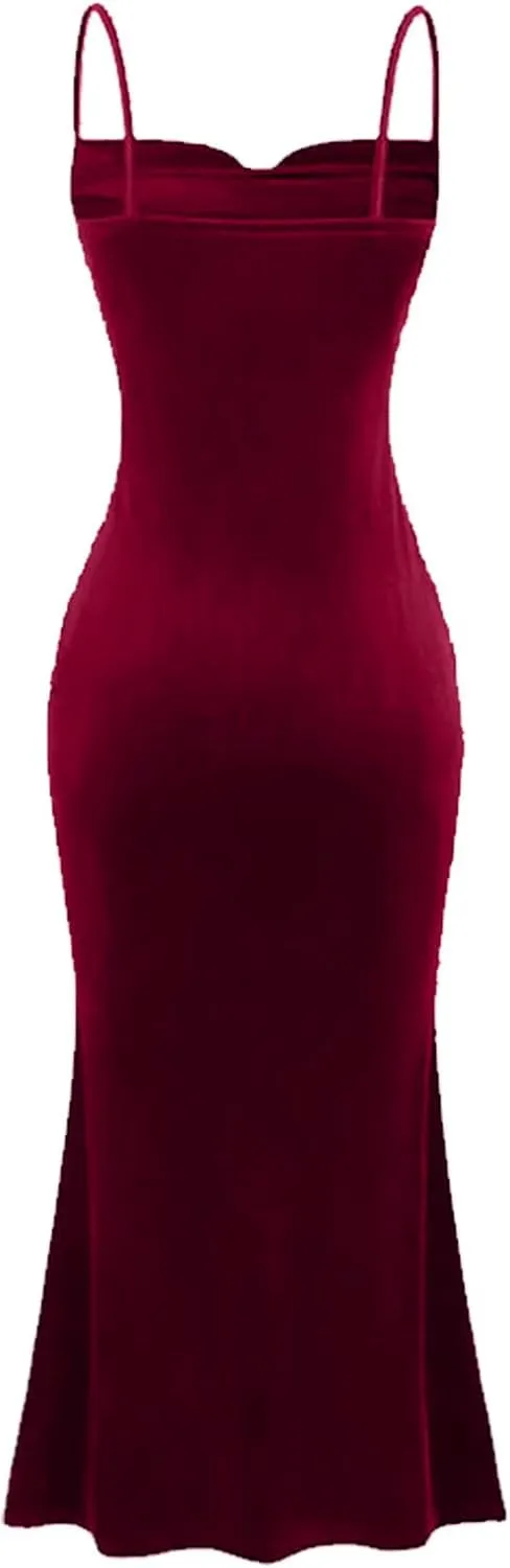 Elegant Velvet Dress for Women Spaghetti Strap Sleeveless Bodycon Mermaid Dress Ruched Cocktail Party Dresses