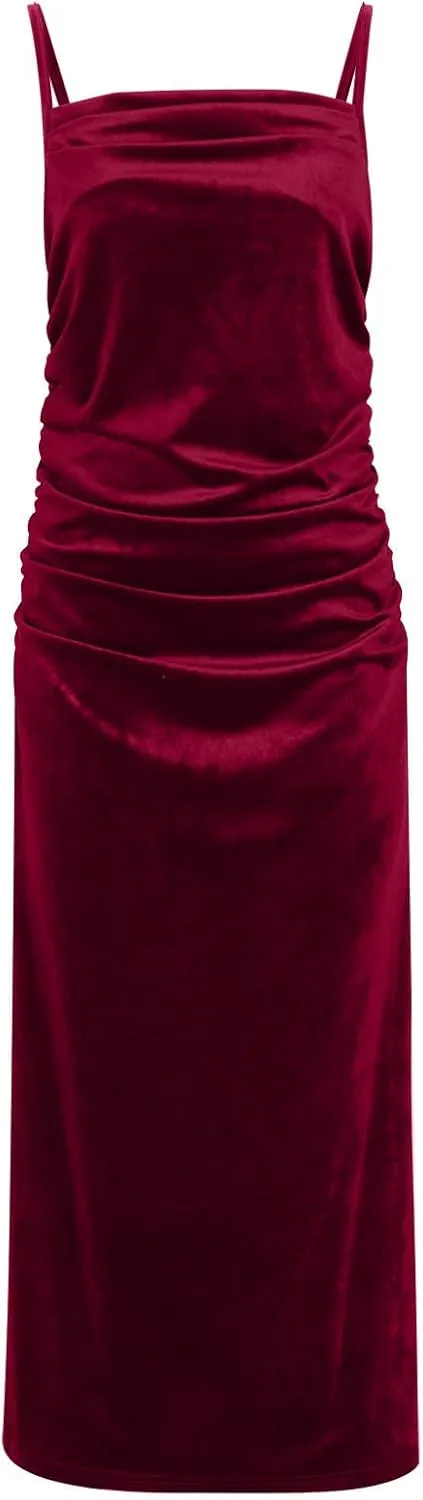Elegant Velvet Dress for Women Spaghetti Strap Sleeveless Bodycon Mermaid Dress Ruched Cocktail Party Dresses