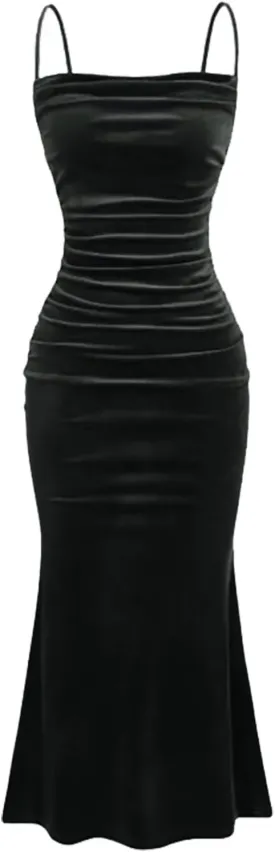 Elegant Velvet Dress for Women Spaghetti Strap Sleeveless Bodycon Mermaid Dress Ruched Cocktail Party Dresses