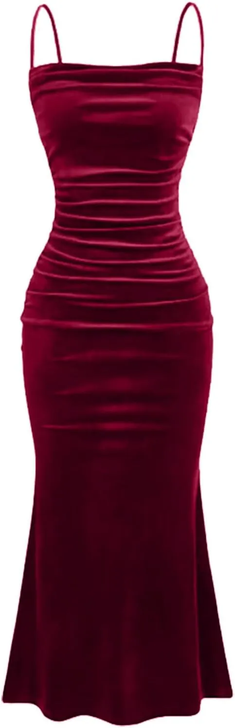 Elegant Velvet Dress for Women Spaghetti Strap Sleeveless Bodycon Mermaid Dress Ruched Cocktail Party Dresses