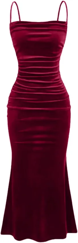 Elegant Velvet Dress for Women Spaghetti Strap Sleeveless Bodycon Mermaid Dress Ruched Cocktail Party Dresses