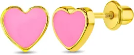 Gold Plated Pink Enamel Heart Screw Back Earrings for Toddlers & Young Girls - Sweet and Lovely Safety Heart Stud Earrings for Little Girls - Great Gift for Valentine's Day or Any Special Moments