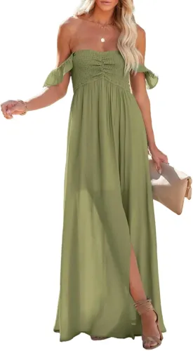 Happy Sailed Women's 2025 Summer Smocked Off The Shoulder Maxi Dresses Ruffle Short Sleeve A Line Side Slit Sundress