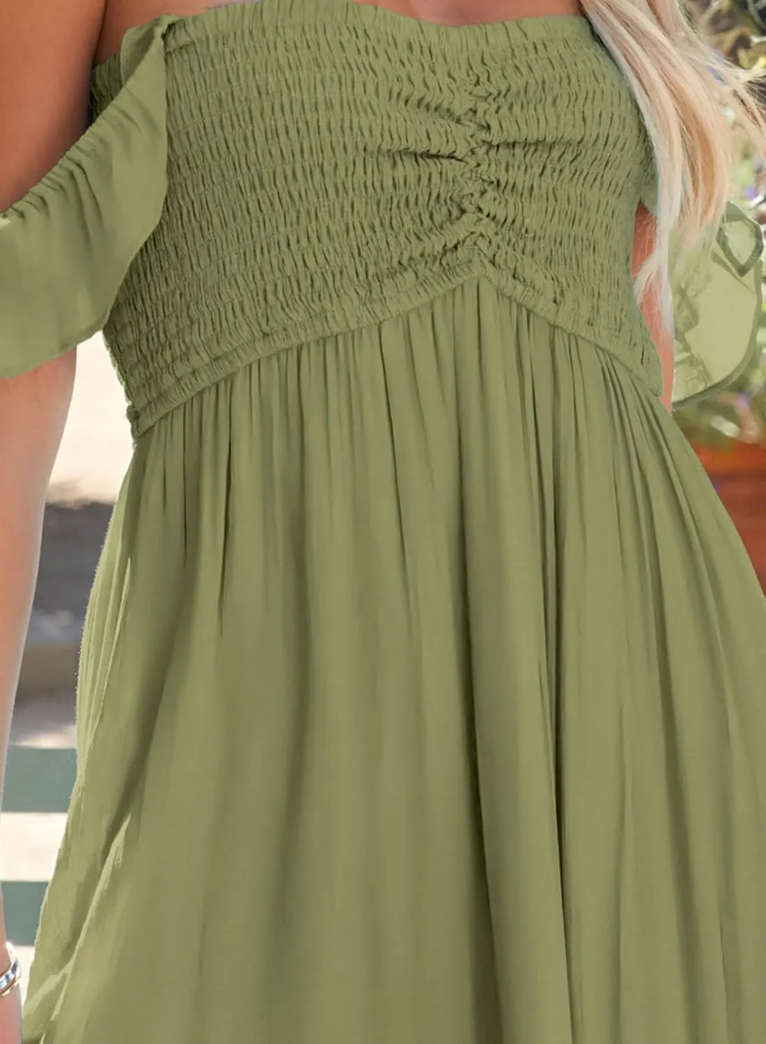 Happy Sailed Women's 2025 Summer Smocked Off The Shoulder Maxi Dresses Ruffle Short Sleeve A Line Side Slit Sundress