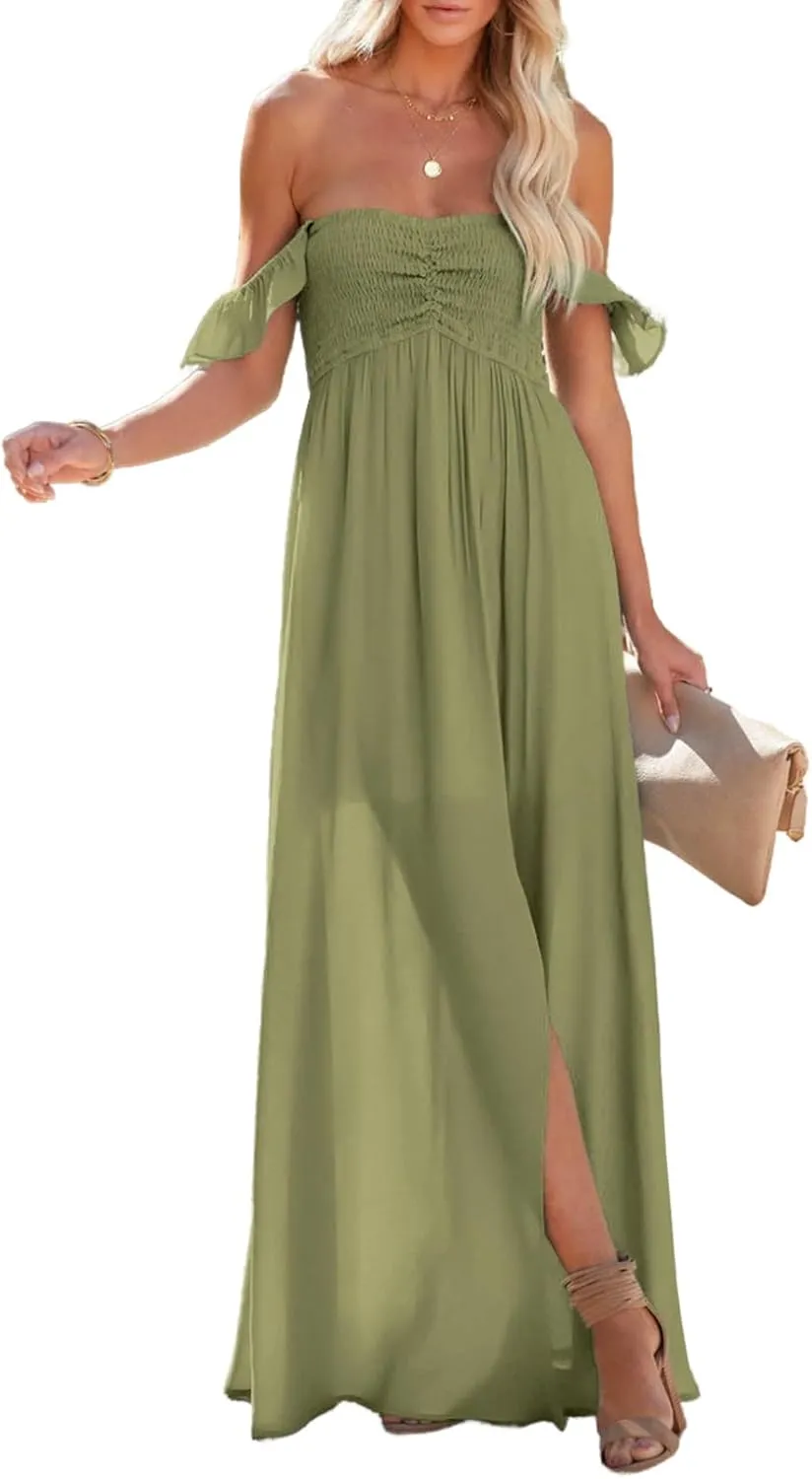 Happy Sailed Women's 2025 Summer Smocked Off The Shoulder Maxi Dresses Ruffle Short Sleeve A Line Side Slit Sundress