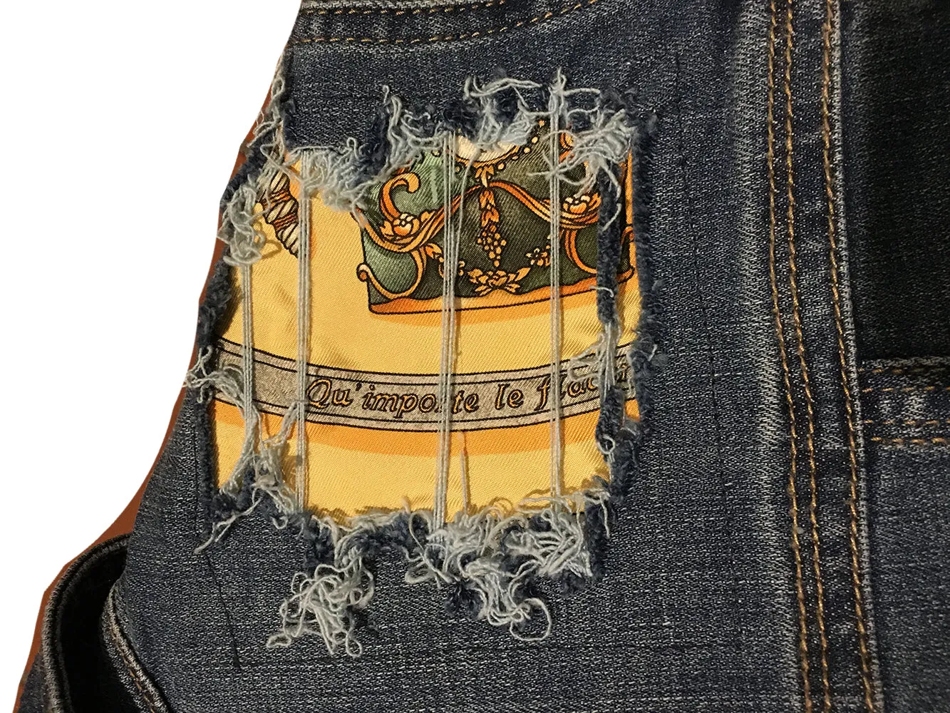 Hermes Vintage Qui' Import le Flacons Silk Patch Denim Jacket