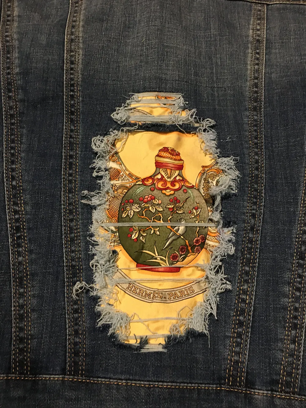 Hermes Vintage Qui' Import le Flacons Silk Patch Denim Jacket