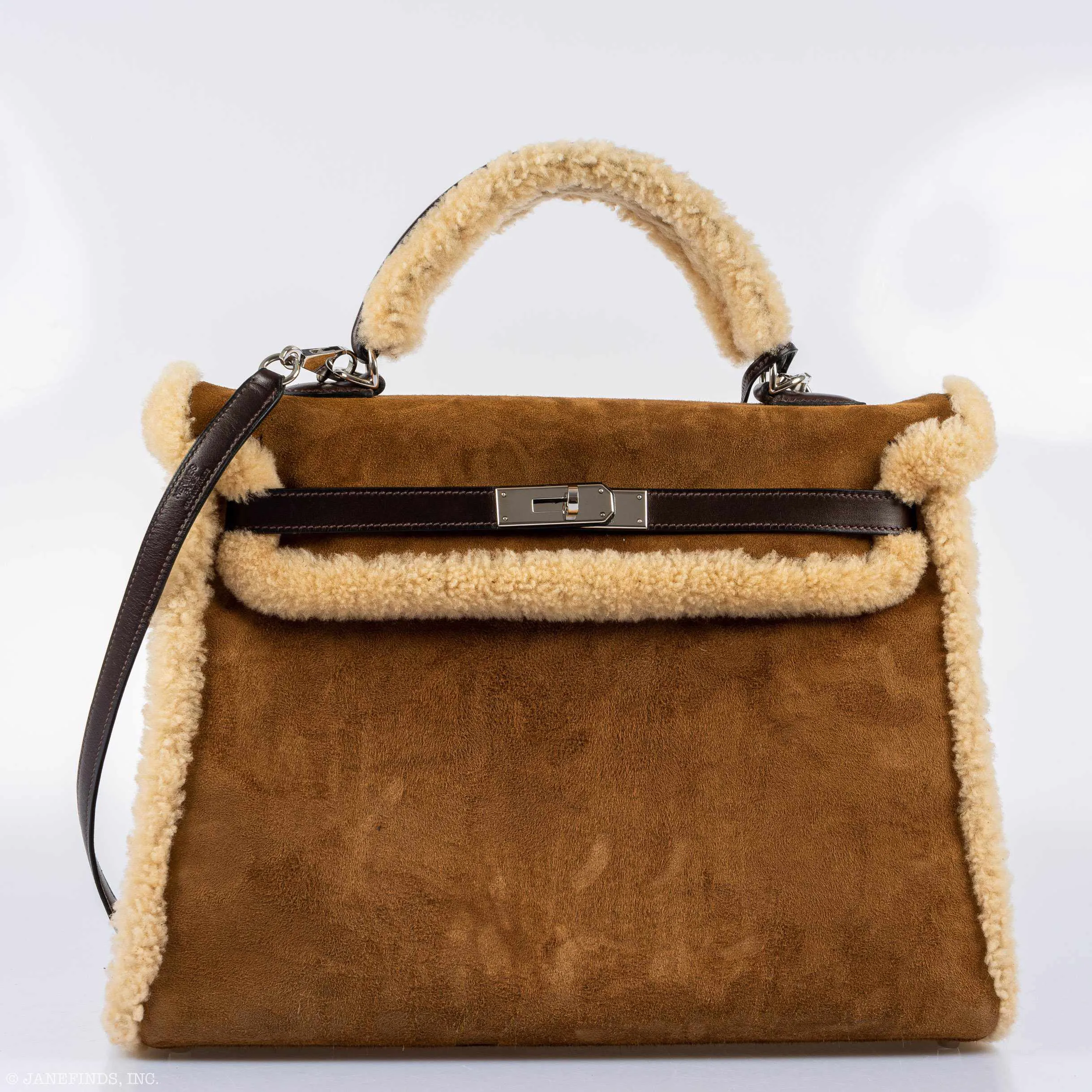 Hermès Teddy Kelly 35 Fauve Doblis Suede and Mouton Shearling Palladium Hardware