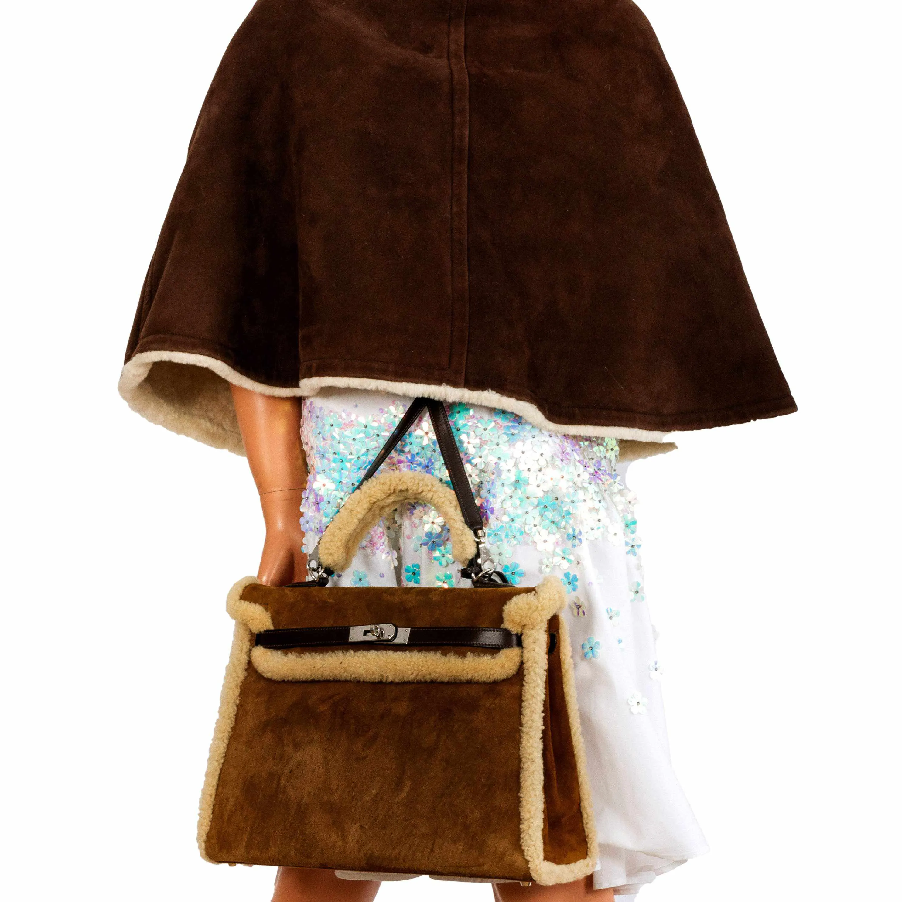 Hermès Teddy Kelly 35 Fauve Doblis Suede and Mouton Shearling Palladium Hardware