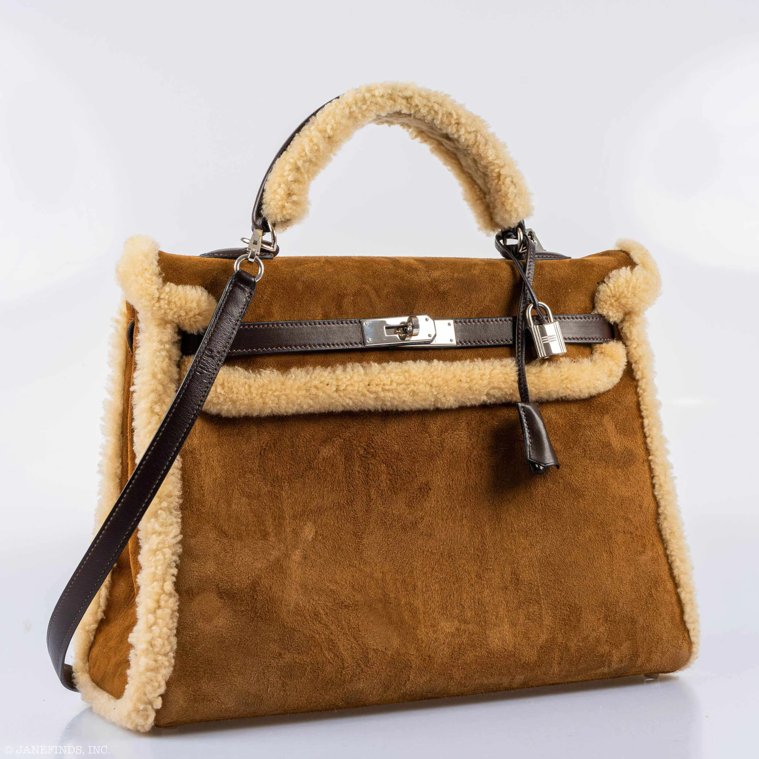 Hermès Teddy Kelly 35 Fauve Doblis Suede and Mouton Shearling Palladium Hardware