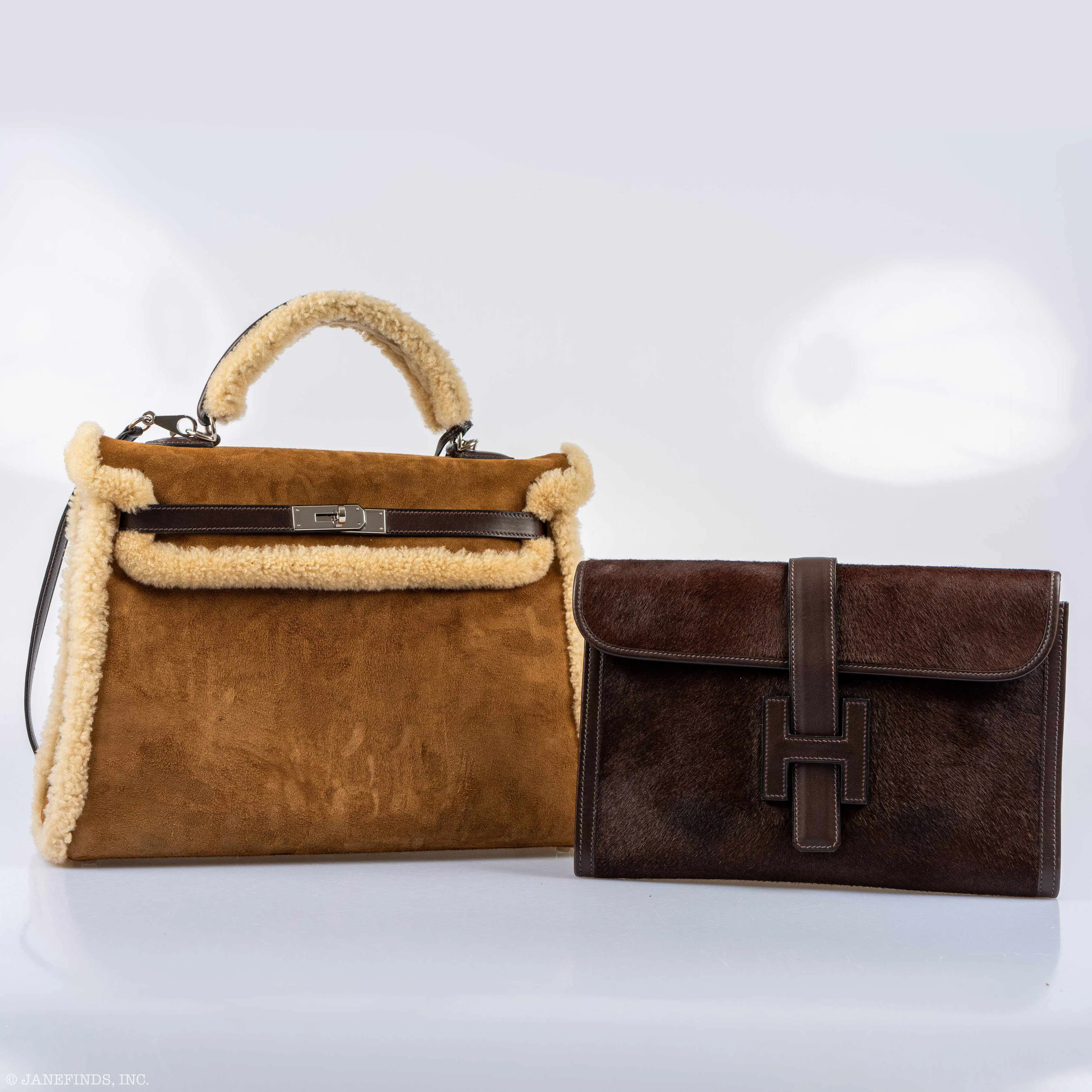 Hermès Teddy Kelly 35 Fauve Doblis Suede and Mouton Shearling Palladium Hardware