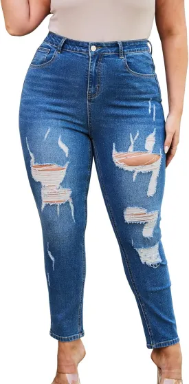 High Waist Skinny Jeans for Women Plus Size Distressed Ripped Jeans, Tapered Jeans with Stretchy High Rise Denim Pants