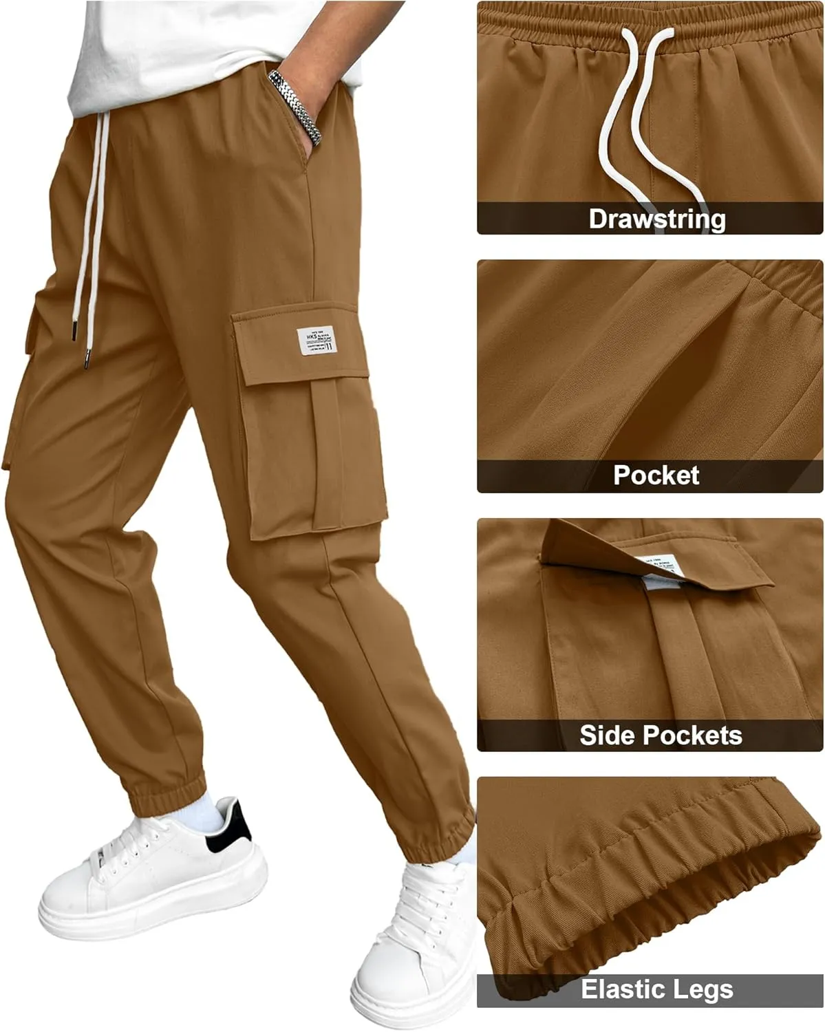 HOTake Men's Casual Cargo Pants Elastic Waist Drawstring Tapered Pants for Men Joggers Hiking Pants with Multi Pockets