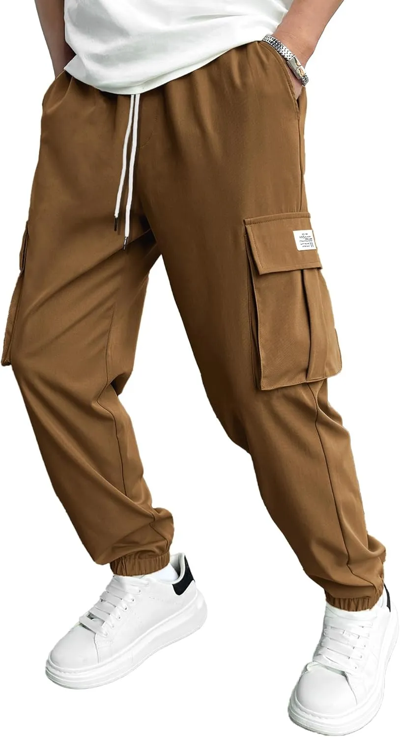 HOTake Men's Casual Cargo Pants Elastic Waist Drawstring Tapered Pants for Men Joggers Hiking Pants with Multi Pockets