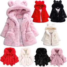 Kids Girls Winter Warm Coats Jacket Clothes Outwear Overcoat Ear Hooded Faux Fur Thicken Fleece Toddler