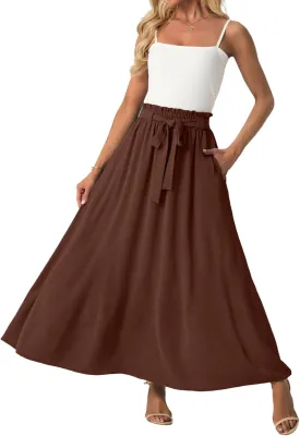 Lepunuo Womens Maxi Skirts Casual Boho Elastic High Waisted Flowy Long Skirts Trendy Floral Cute Skirts with Pockets